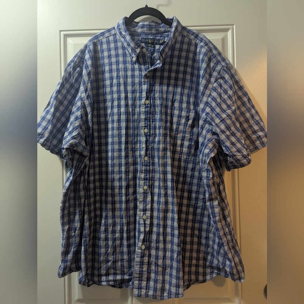 Ralph Lauren's Blue/White Plaid Seersucker Shirt, Men's Big &Tall Size 3XB
